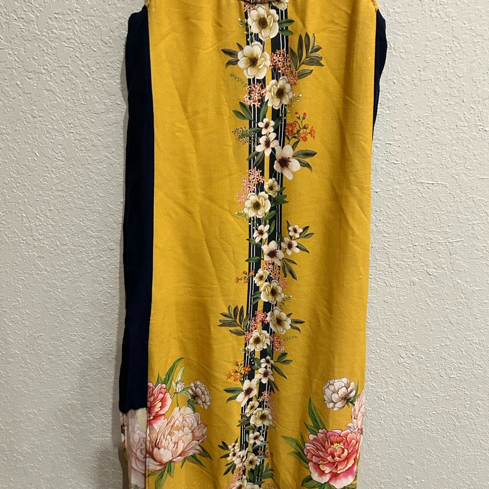 FARM Rio Yellow Midi Dress with Navy Sides Delicate Floral Stripes Small Petite - Picture 3 of 4